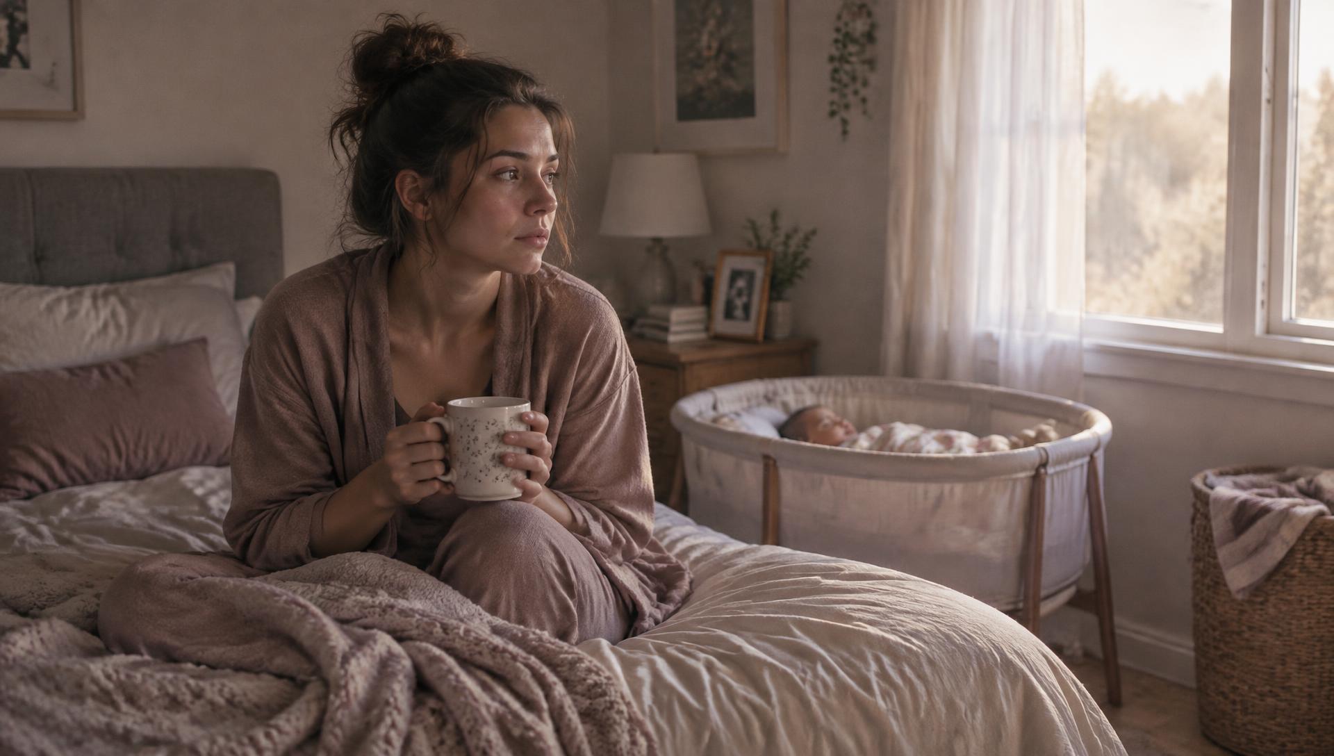 A mother sits on her bed in early morning light, holding a mug, her newborn asleep nearby